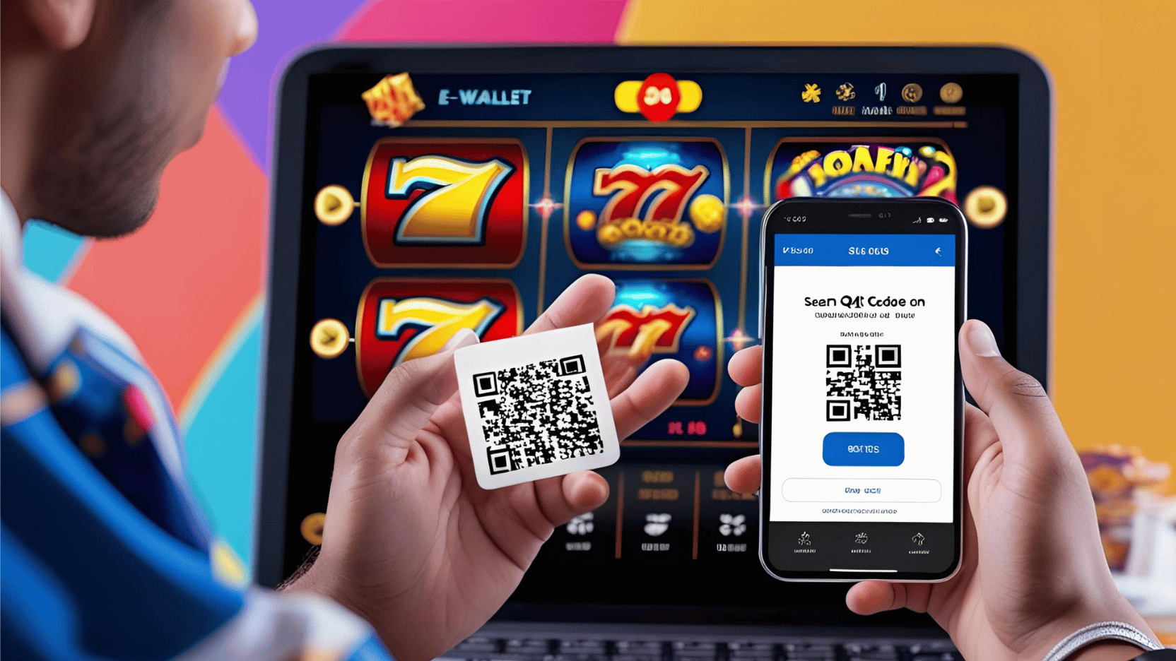 pria memindai QRIS untuk bermain slot online