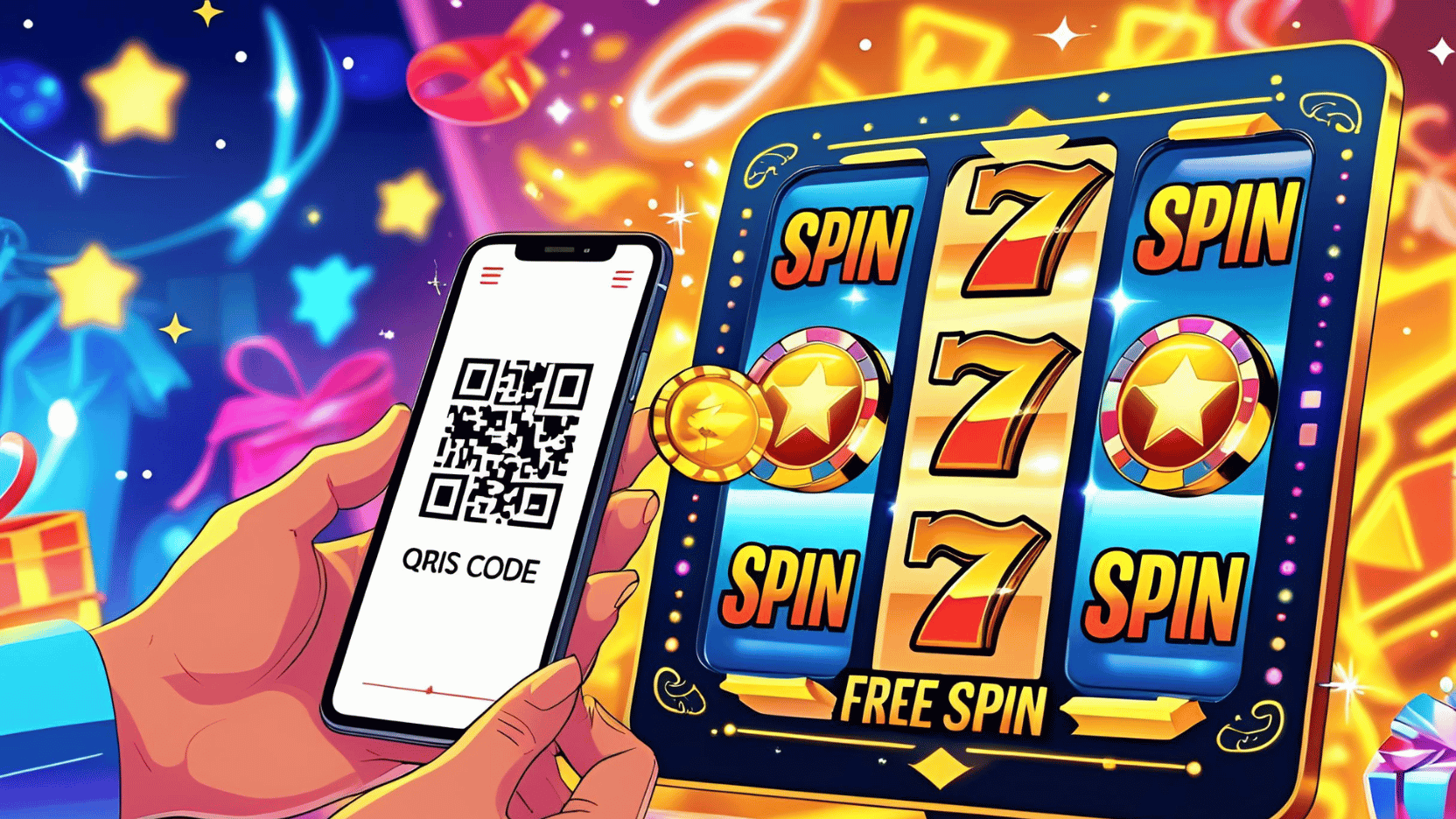 Ilustrasi scan QRIS dengan mesin slot menampilkan bonus free spin